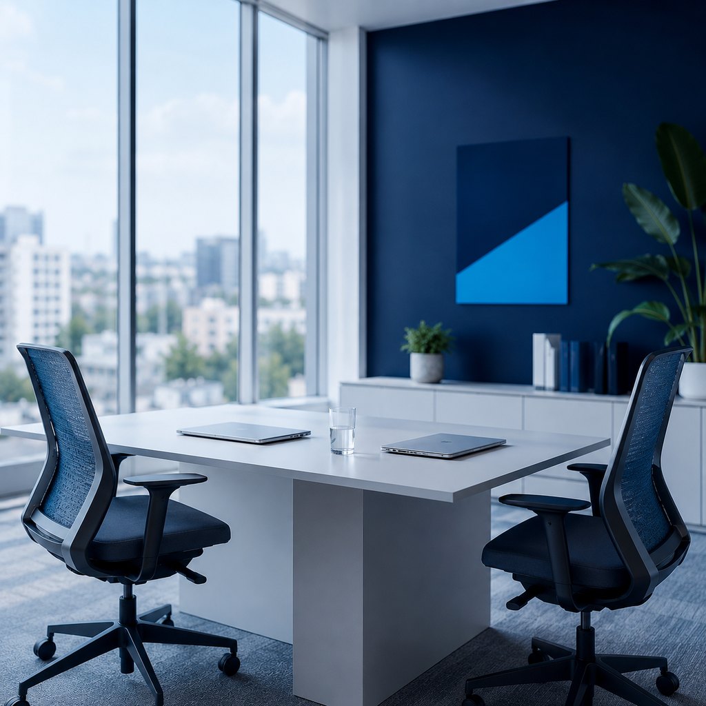 Cluj-Napoca skyline seen from a modern meeting room