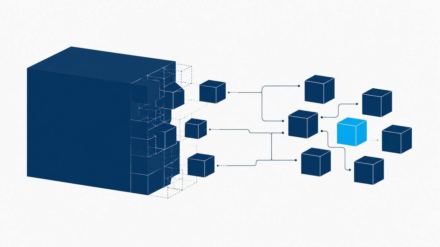 Strangler-fig modernisation: a legacy monolith decomposed into modular services
